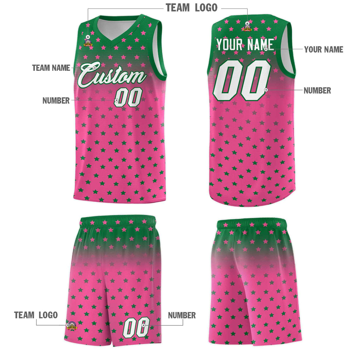 Custom Kelly Green Pink Gradient Start Pattern Basketball Jersey Kits|KXKSHOP