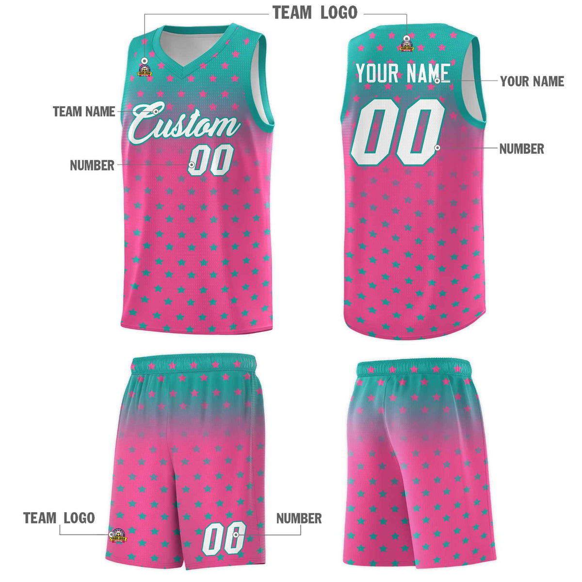 Custom Aqua Pink Gradient Start Pattern Basketball Jersey Kits|KXKSHOP