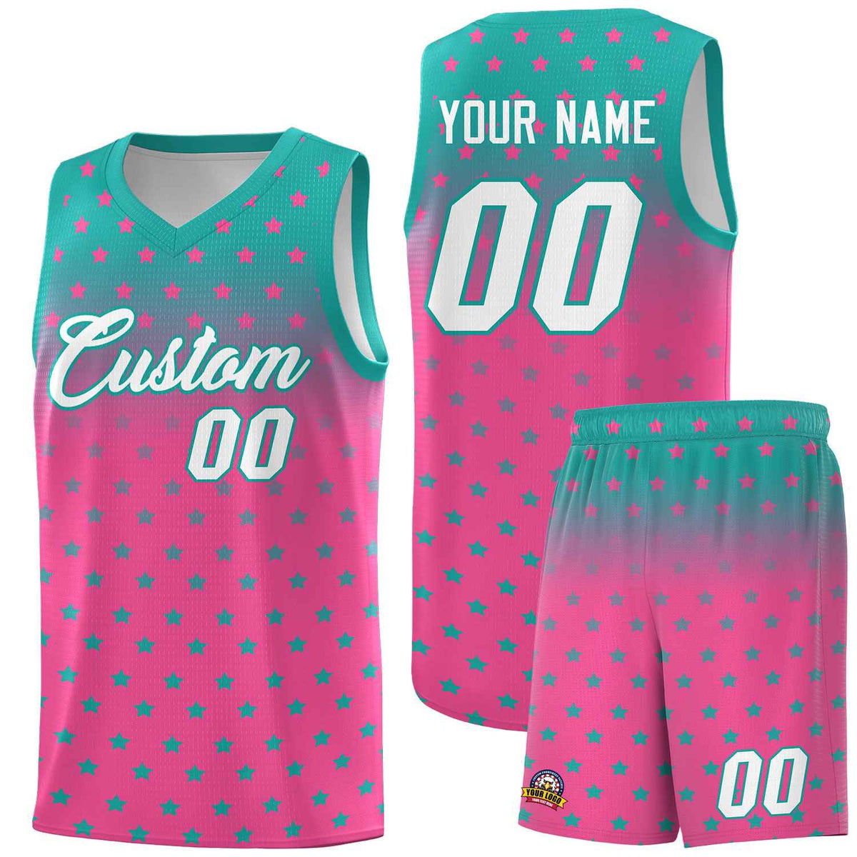 Custom Aqua Pink Gradient Start Pattern Basketball Jersey Kits|KXKSHOP