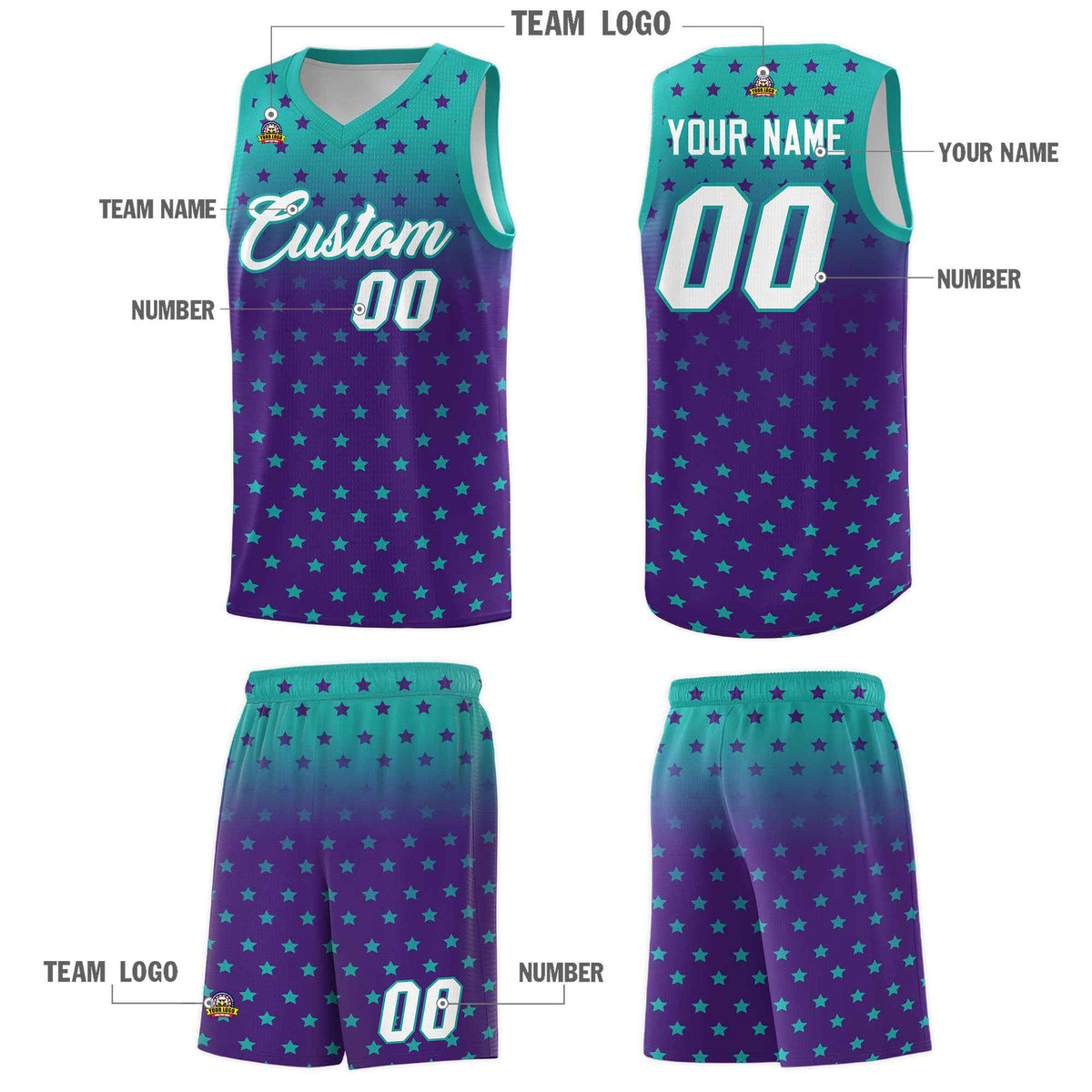 Custom Aqua Purple Gradient Start Pattern Basketball Jersey Kits|KXKSHOP