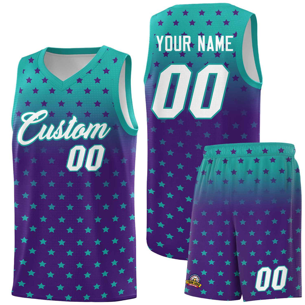 Custom Aqua Purple Gradient Start Pattern Basketball Jersey Kits|KXKSHOP