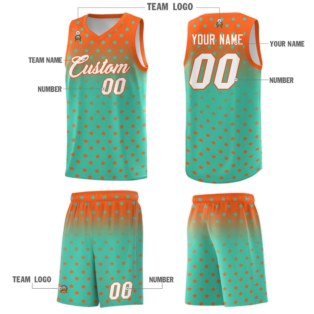 Custom Orange Aqua Gradient Start Pattern Basketball Jersey Kits|KXKSHOP