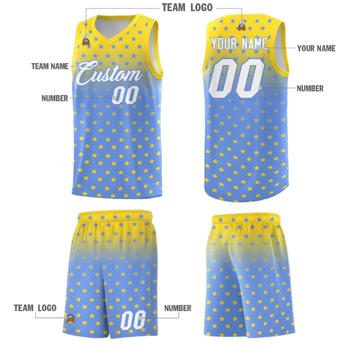 Custom Gold Light Blue Gradient Start Pattern Basketball Jersey Kits|KXKSHOP