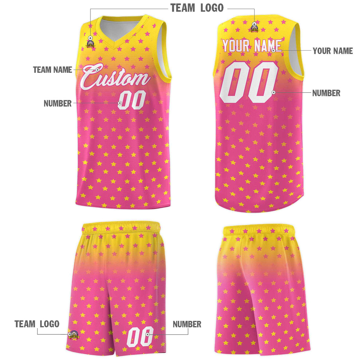 Custom Gold Pink Gradient Start Pattern Basketball Jersey Kits|KXKSHOP