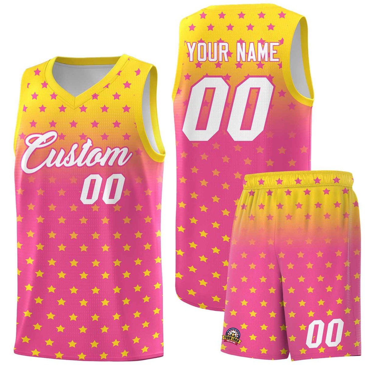 Custom Gold Pink Gradient Start Pattern Basketball Jersey Kits|KXKSHOP