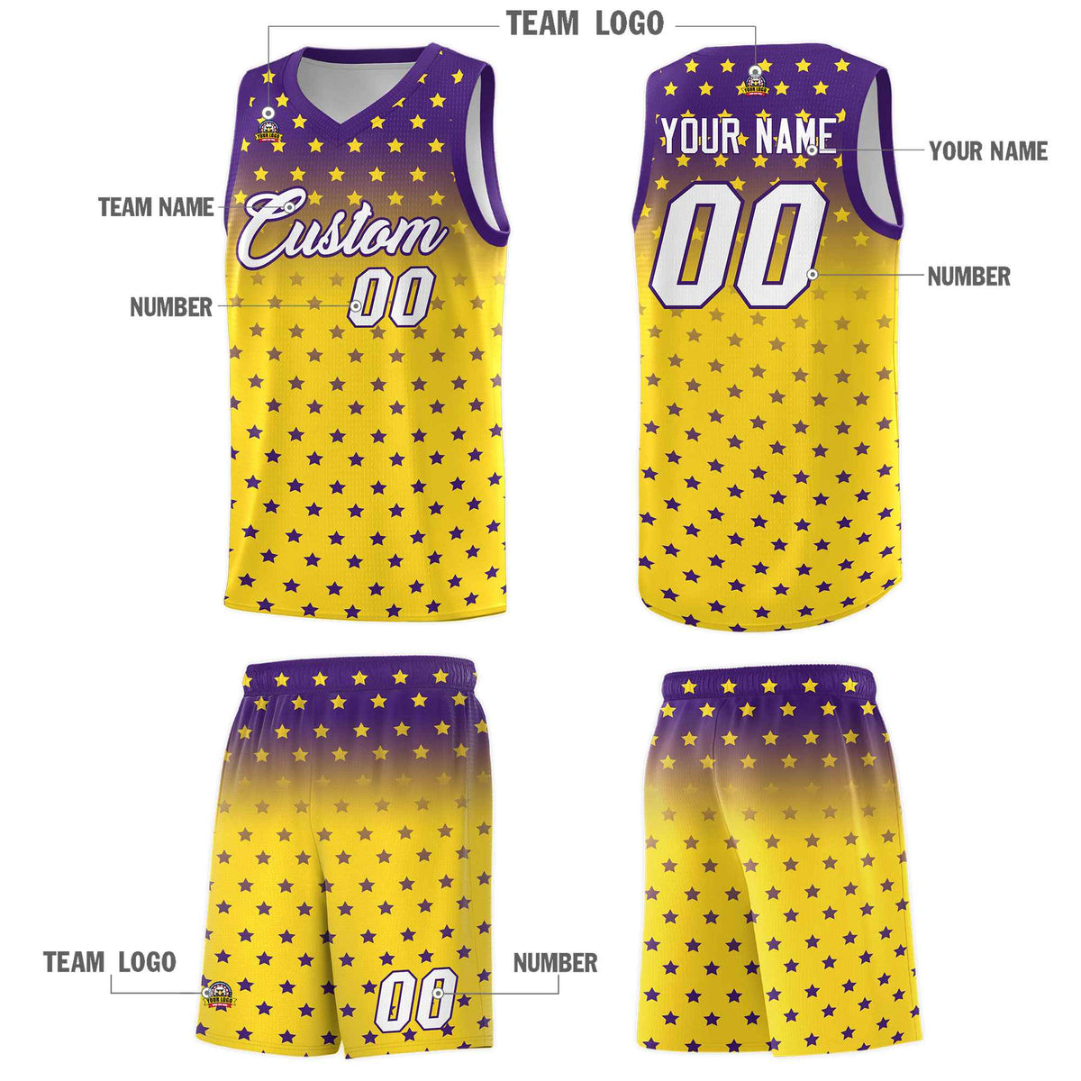 Custom Purple Gold Gradient Start Pattern Basketball Jersey Kits|KXKSHOP