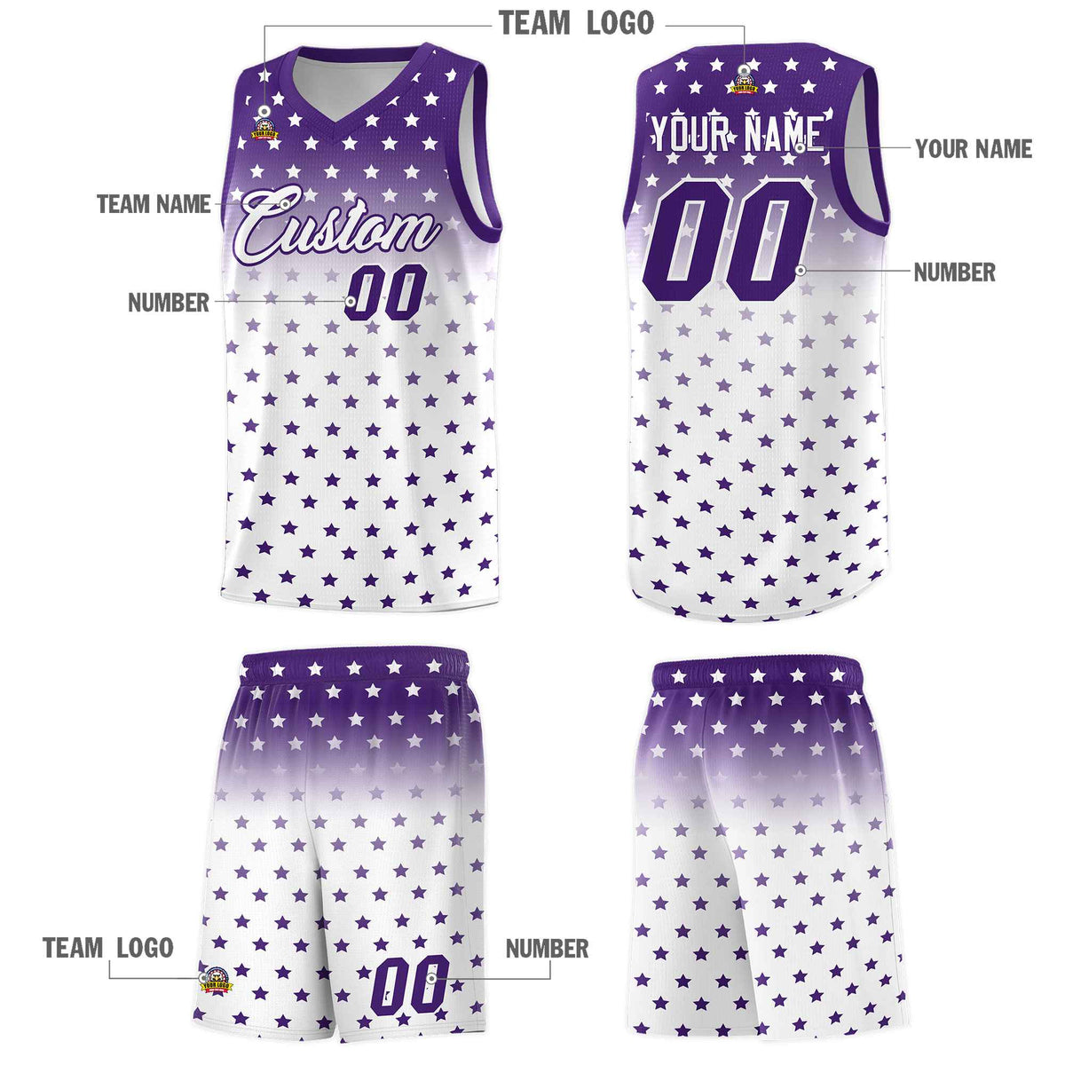 Custom Purple White Gradient Start Pattern Basketball Jersey Kits|KXKSHOP