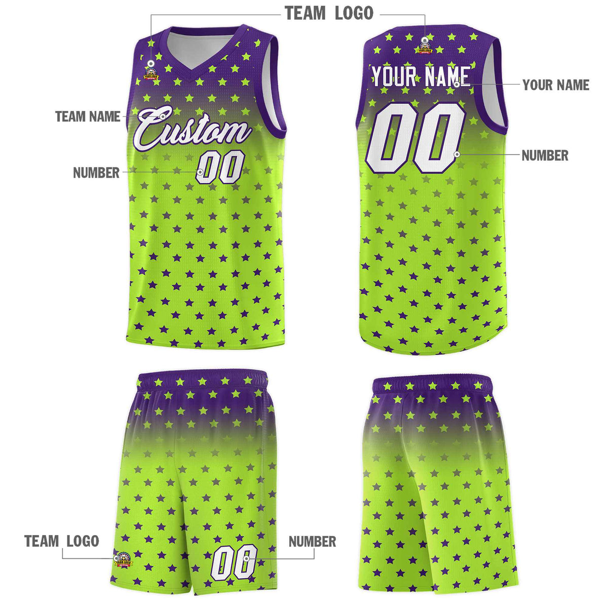 Custom Purple Light Green Gradient Start Pattern Basketball Jersey Kits|KXKSHOP