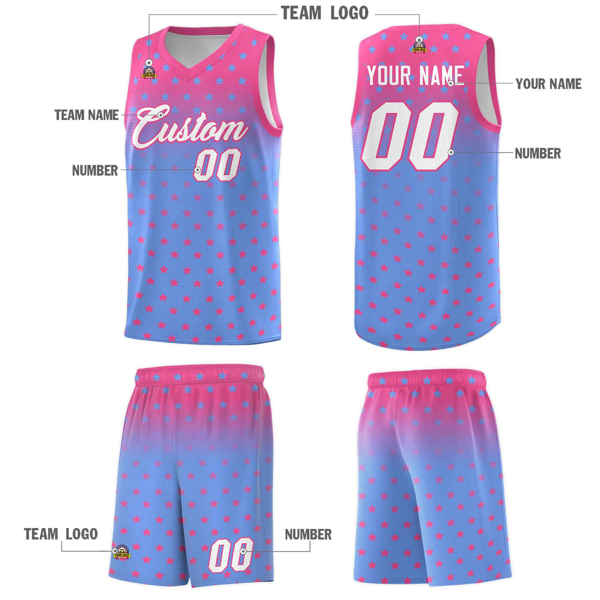Custom Pink Light Blue Gradient Start Pattern Basketball Jersey Kits|KXKSHOP