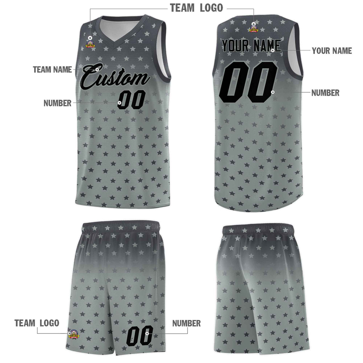 Custom Dark Gray Silver Gradient Start Pattern Basketball Jersey Kits|KXKSHOP