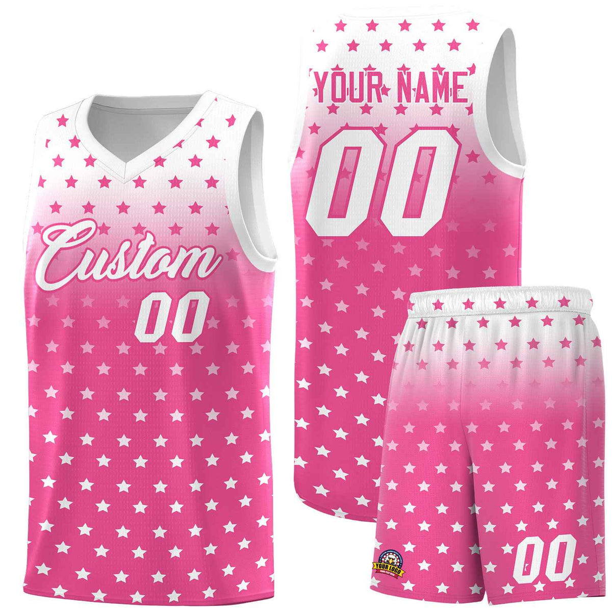 Custom White Pink Gradient Start Pattern Basketball Jersey Kits|KXKSHOP