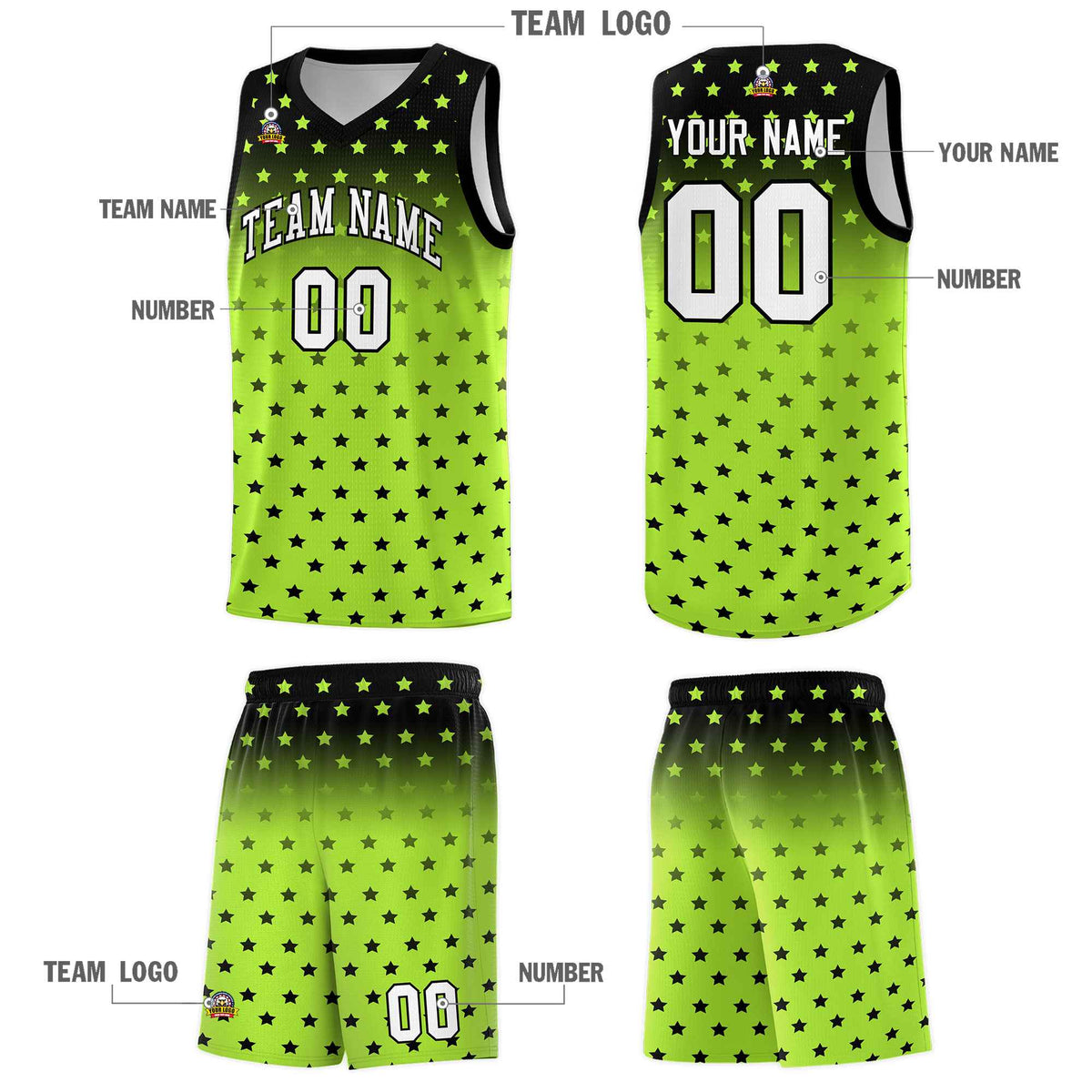 Custom Black Light Green Gradient Start Pattern Basketball Jersey Kits|KXKSHOP