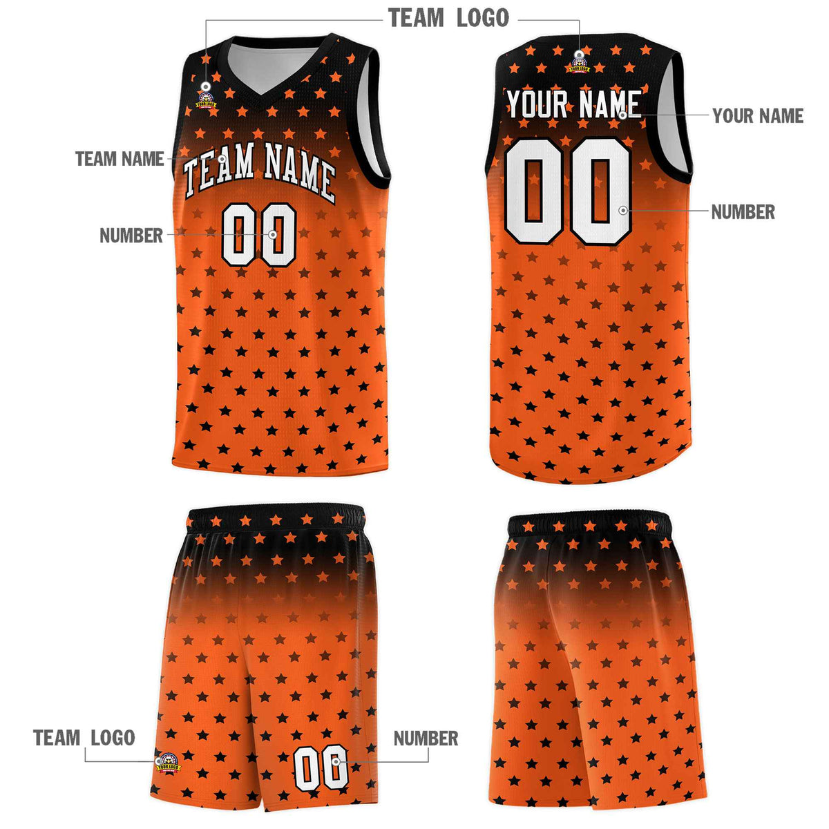 Custom Black Orange Gradient Start Pattern Basketball Jersey Kits|KXKSHOP