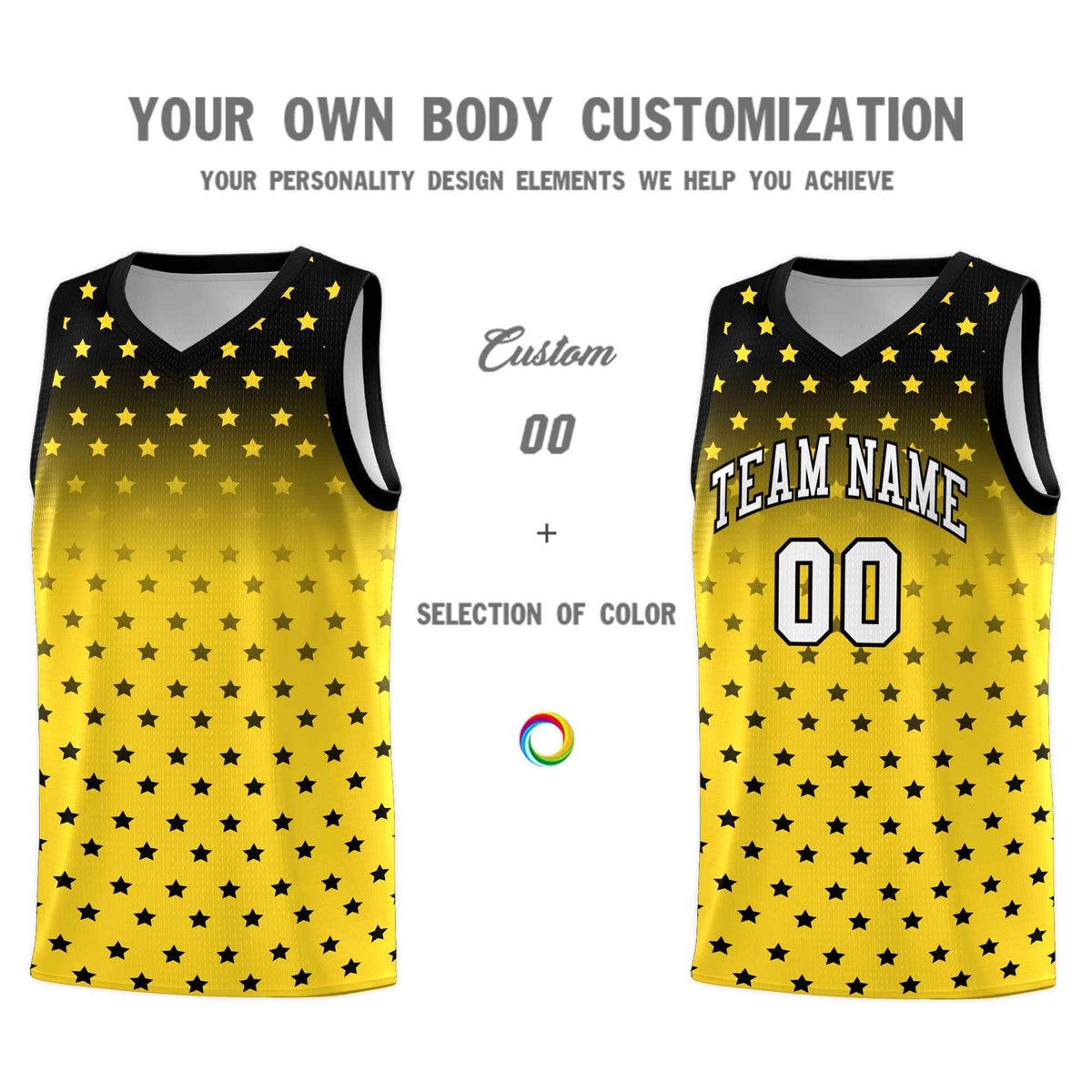 Custom Black Gold Gradient Start Pattern Basketball Jersey Kits|KXKSHOP