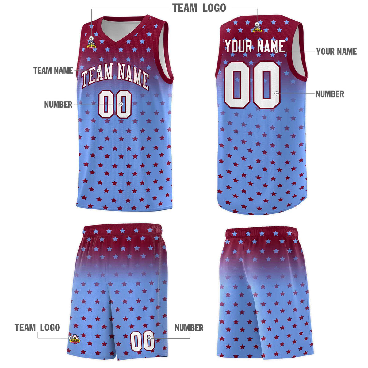 Custom Crimson Light Blue Gradient Start Pattern Basketball Jersey Kits|KXKSHOP