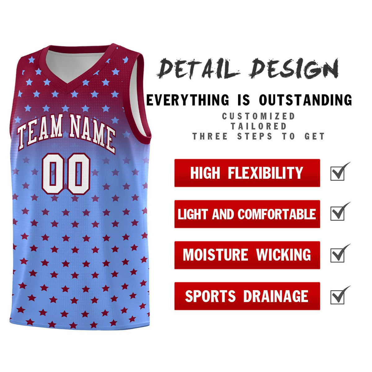 Custom Crimson Light Blue Gradient Start Pattern Basketball Jersey Kits|KXKSHOP