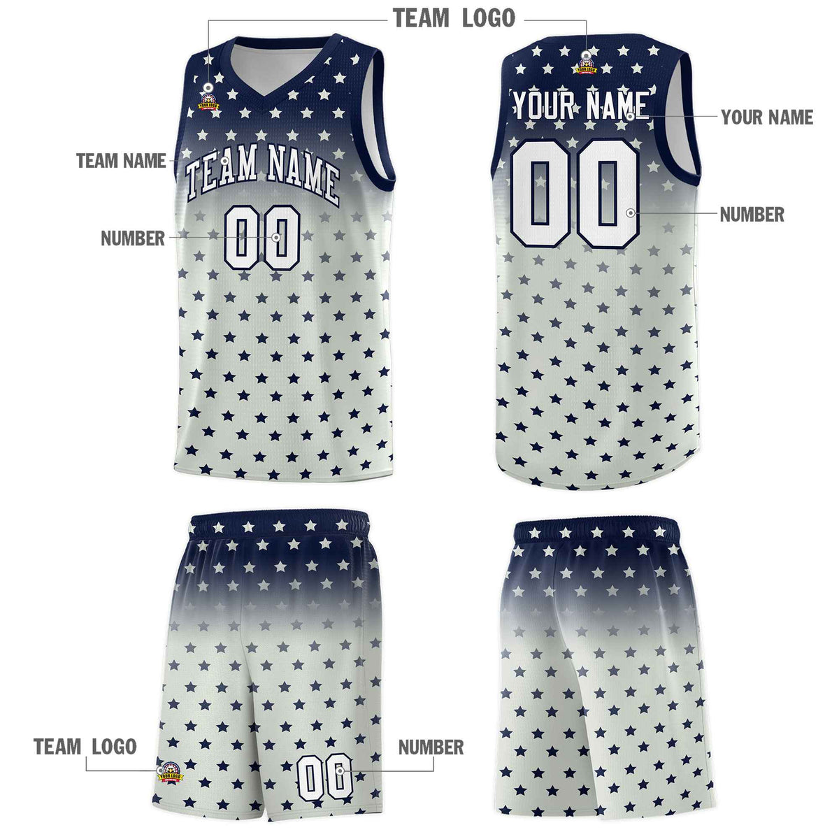 Custom Navy Gray Gradient Start Pattern Basketball Jersey Kits|KXKSHOP