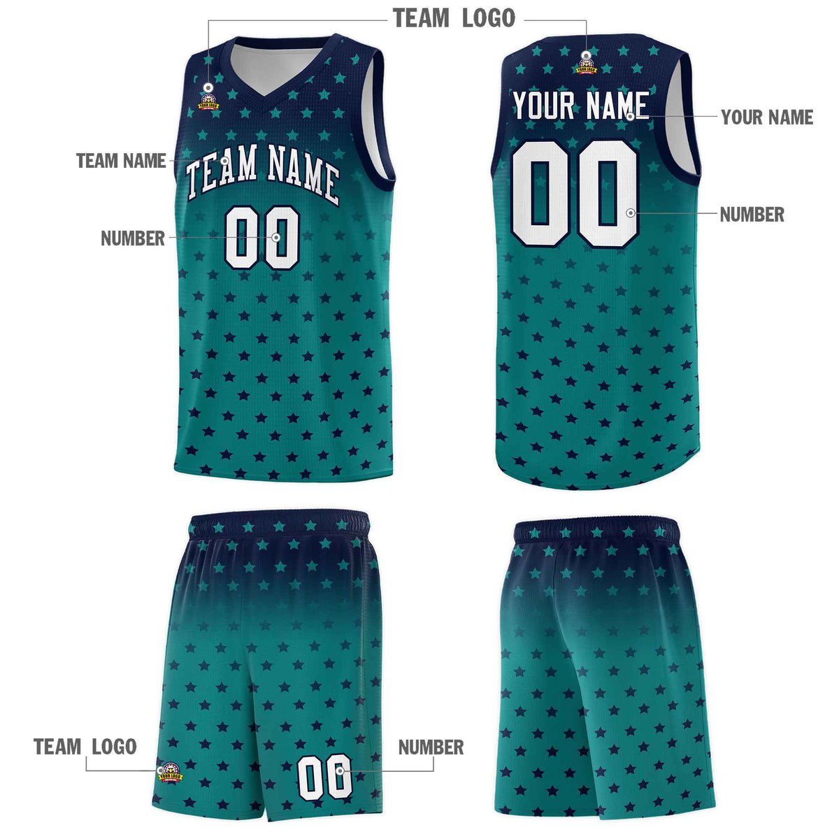 Custom Navy Aqua Gradient Start Pattern Basketball Jersey Kits|KXKSHOP