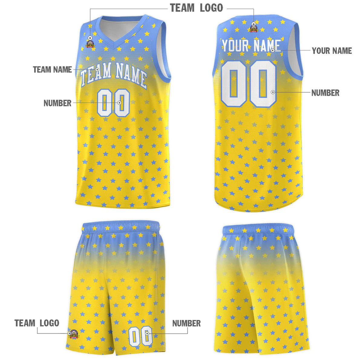 Custom Light Blue Gold Gradient Start Pattern Basketball Jersey Kits|KXKSHOP