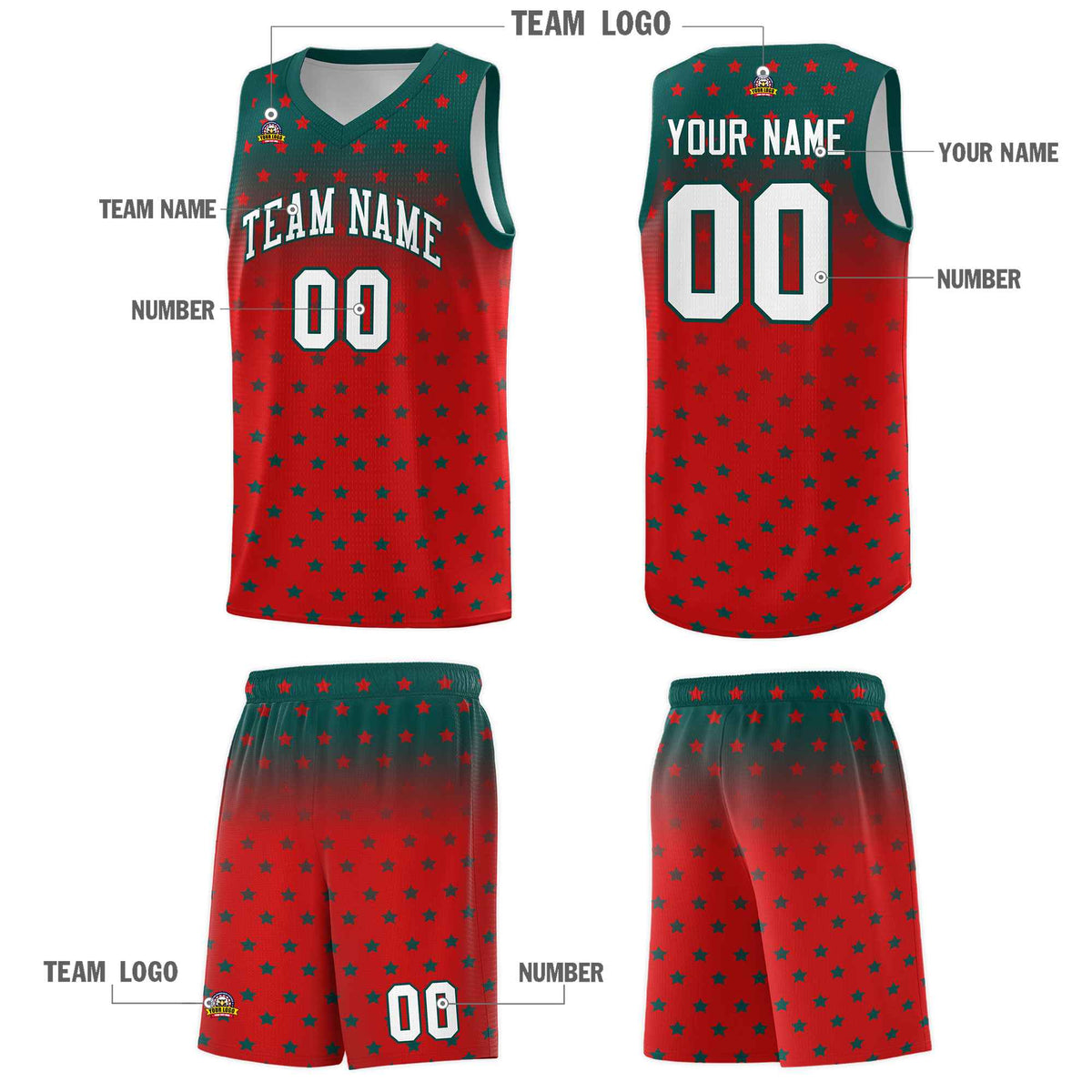 Custom Midnight Green Red Gradient Start Pattern Basketball Jersey Kits|KXKSHOP