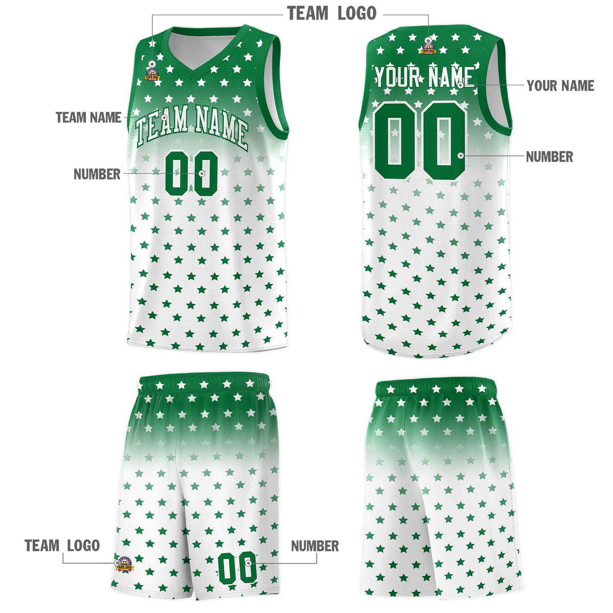 Custom Kelly Green White Gradient Start Pattern Basketball Jersey Kits|KXKSHOP