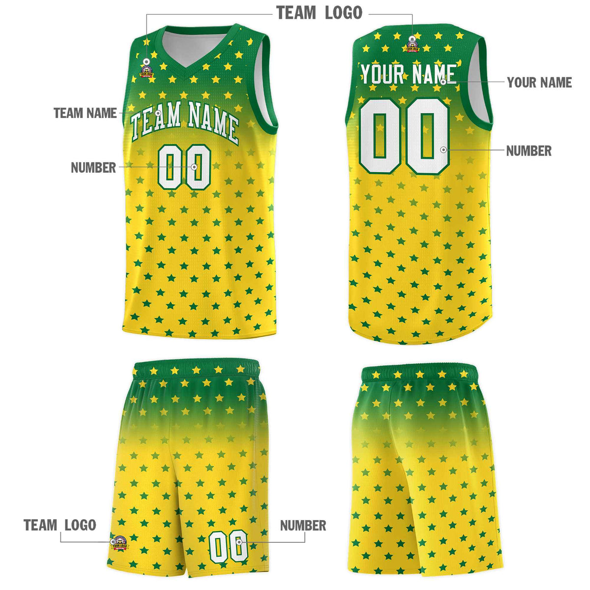Custom Kelly Green Gold Gradient Start Pattern Basketball Jersey Kits|KXKSHOP