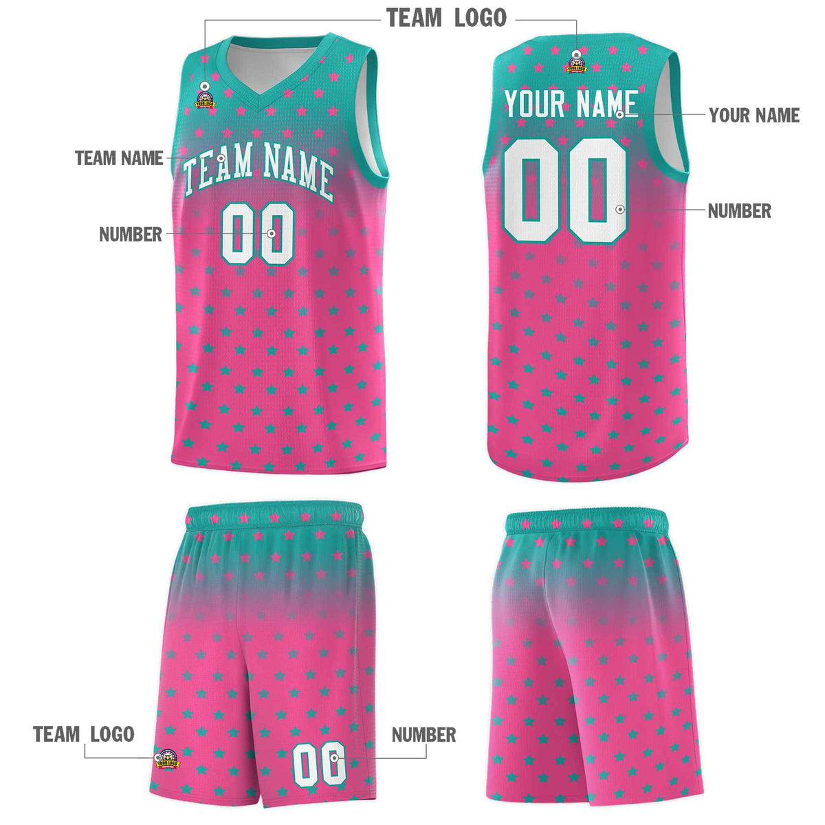 Custom Aqua Pink Gradient Start Pattern Basketball Jersey Kits|KXKSHOP