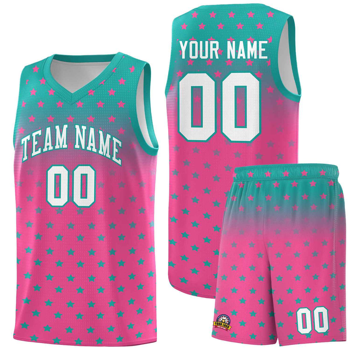 Custom Aqua Pink Gradient Start Pattern Basketball Jersey Kits|KXKSHOP