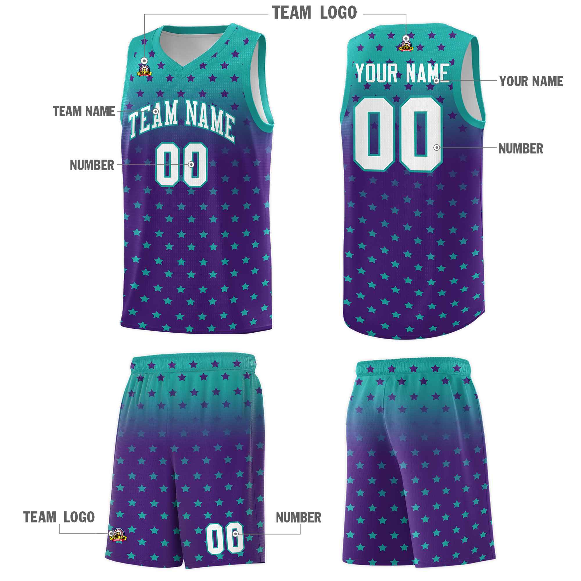 Custom Aqua Purple Gradient Start Pattern Basketball Jersey Kits|KXKSHOP
