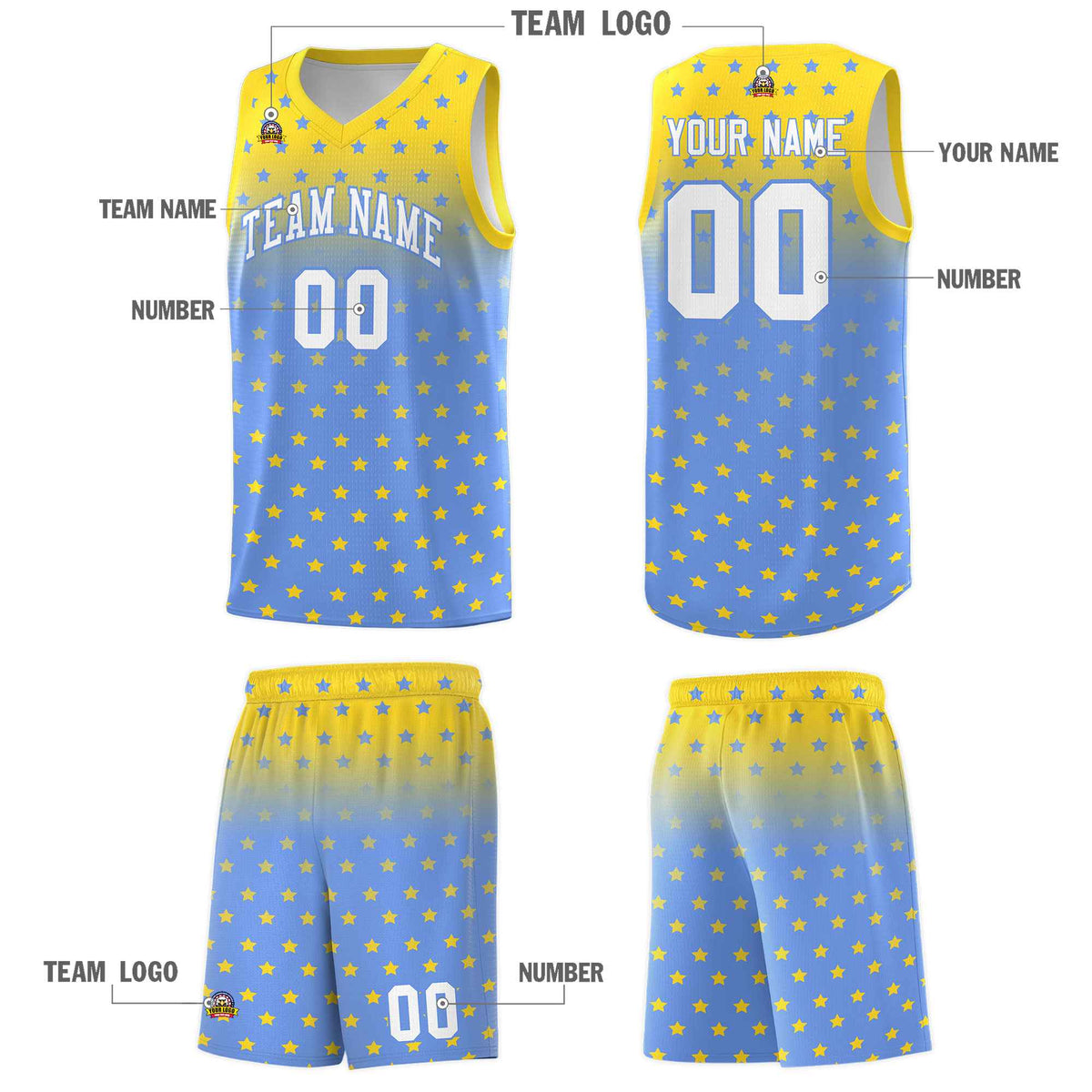 Custom Gold Light Blue Gradient Start Pattern Basketball Jersey Kits|KXKSHOP