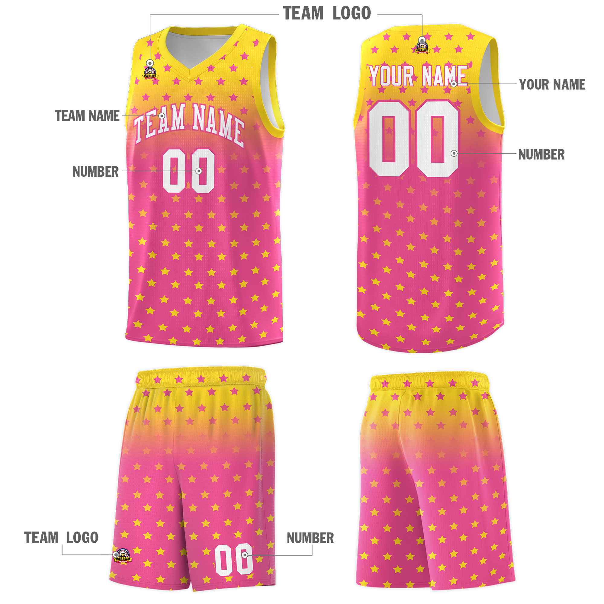 Custom Gold Pink Gradient Start Pattern Basketball Jersey Kits|KXKSHOP