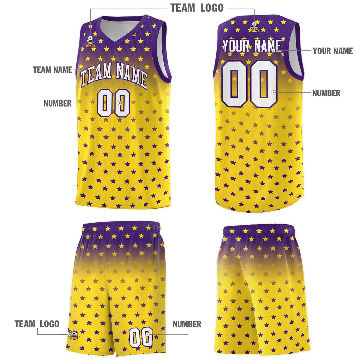 Custom Purple Gold Gradient Start Pattern Basketball Jersey Kits|KXKSHOP
