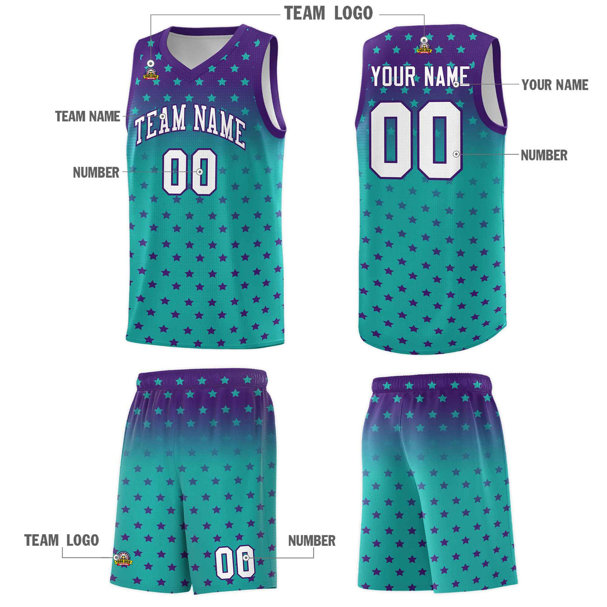 Custom Purple Aqua Gradient Start Pattern Basketball Jersey Kits|KXKSHOP