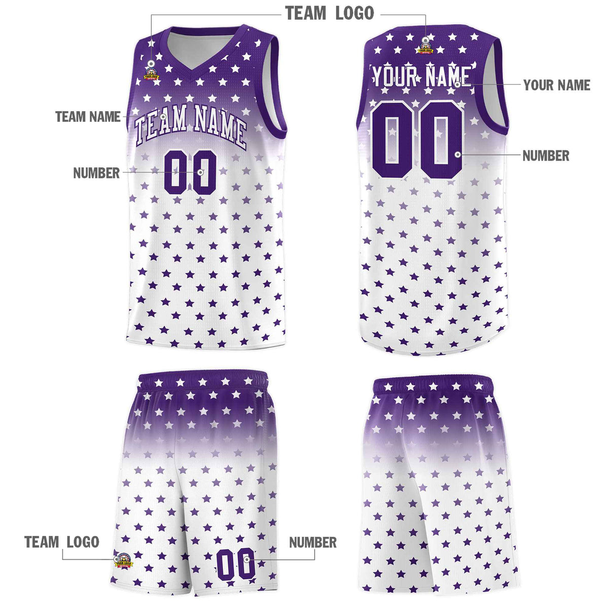 Custom Purple White Gradient Start Pattern Basketball Jersey Kits|KXKSHOP