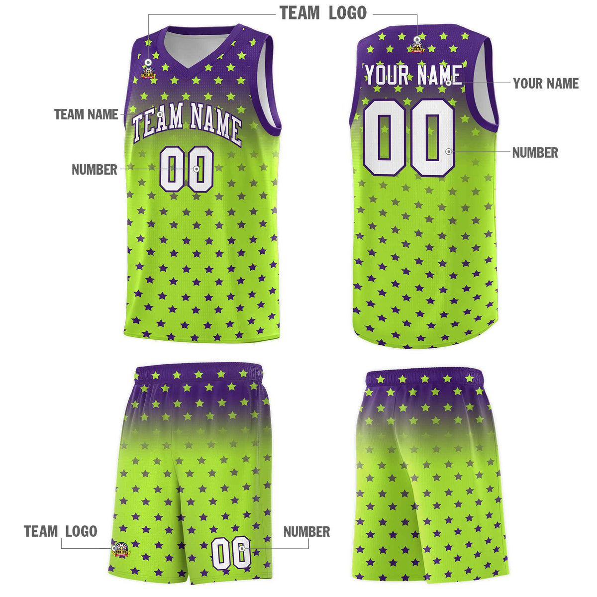 Custom Purple Light Green Gradient Start Pattern Basketball Jersey Kits|KXKSHOP