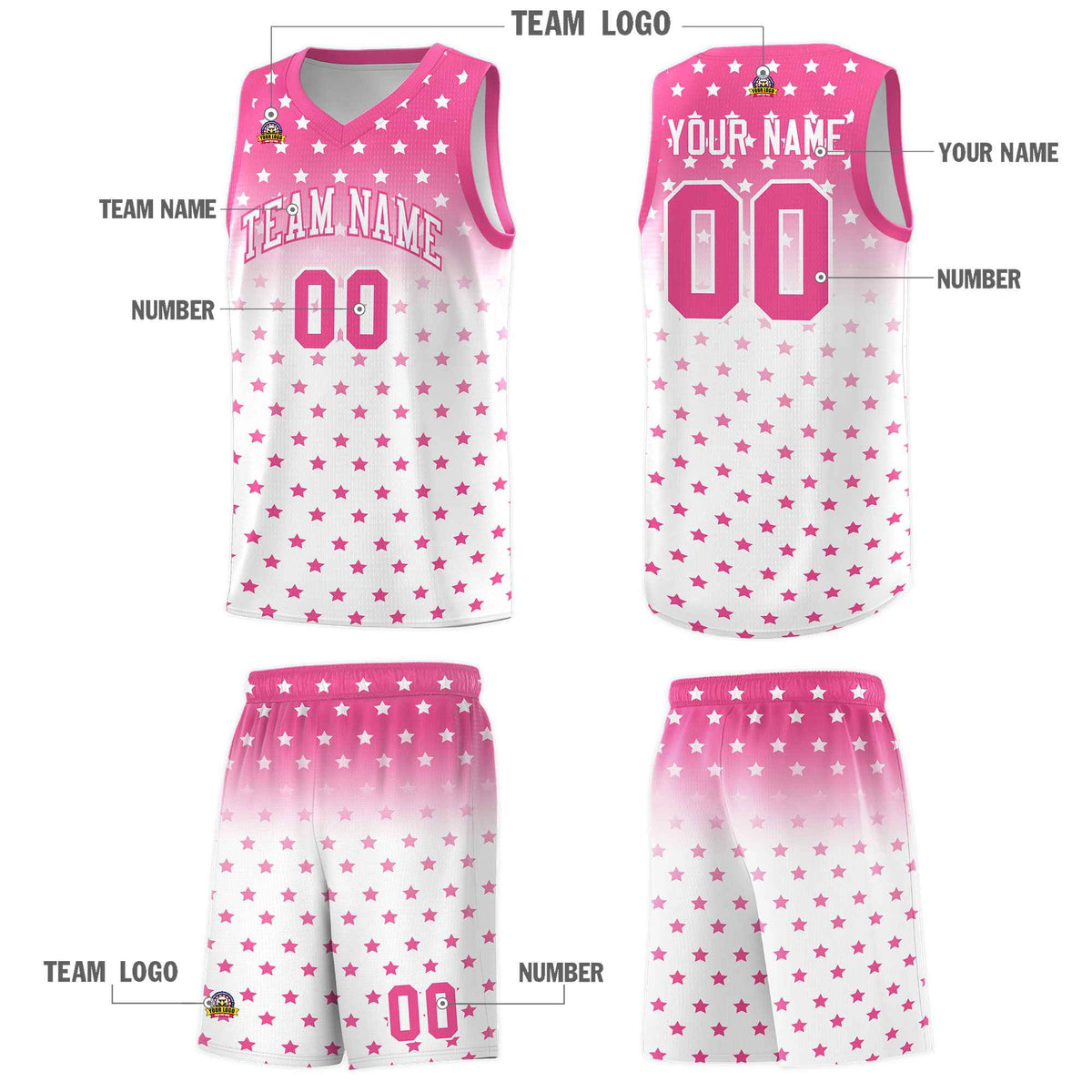 Custom Pink White Gradient Start Pattern Basketball Jersey Kits|KXKSHOP