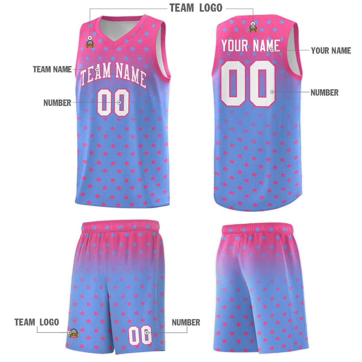 Custom Pink Light Blue Gradient Start Pattern Basketball Jersey Kits|KXKSHOP