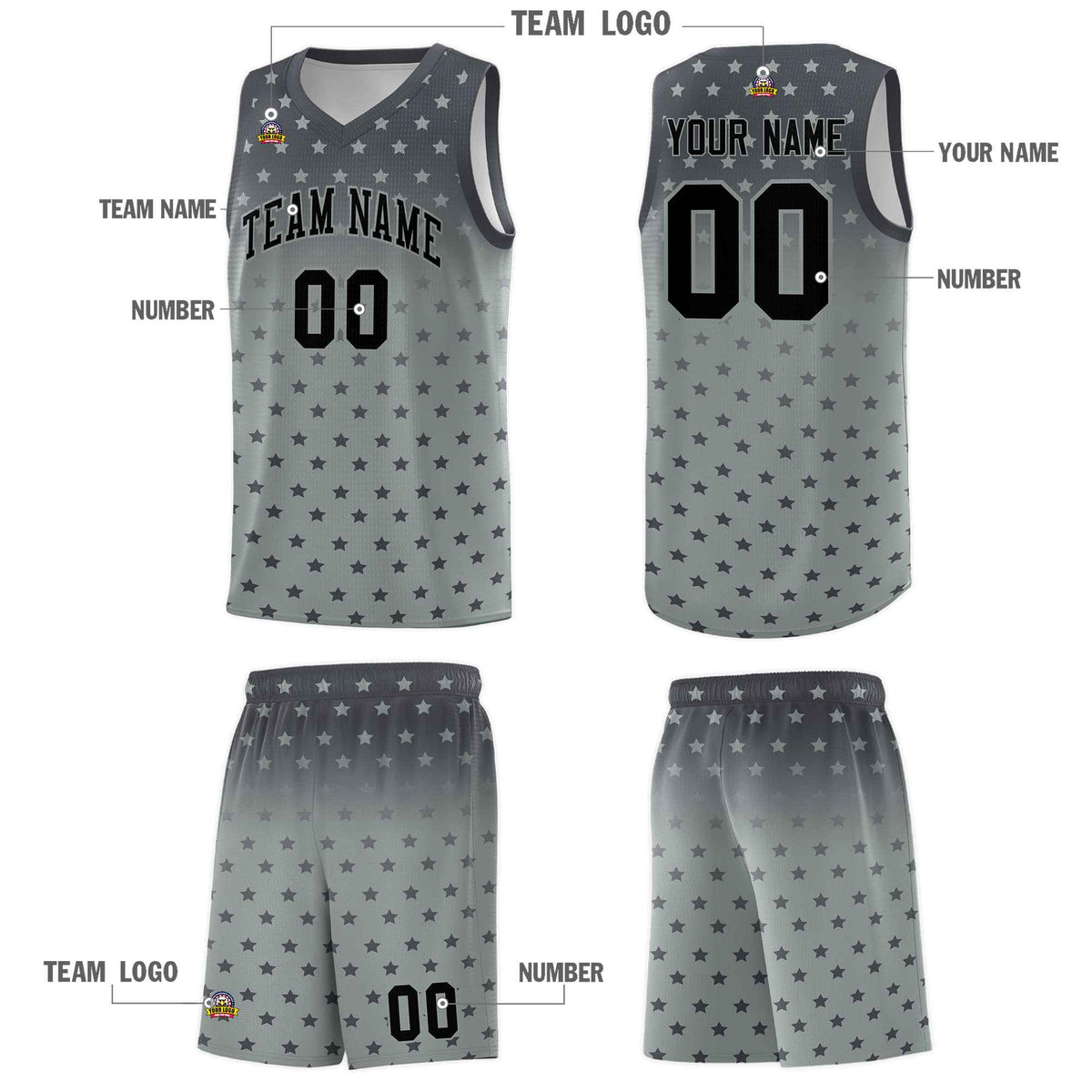 Custom Dark Gray Silver Gradient Start Pattern Basketball Jersey Kits|KXKSHOP