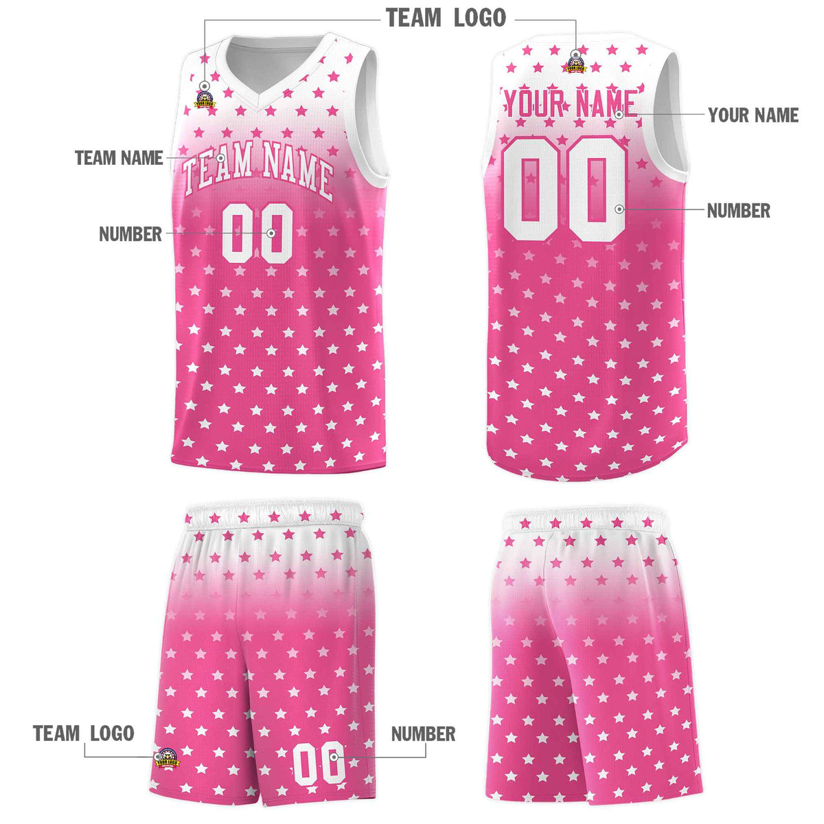 Custom White Pink Gradient Start Pattern Basketball Jersey Kits|KXKSHOP