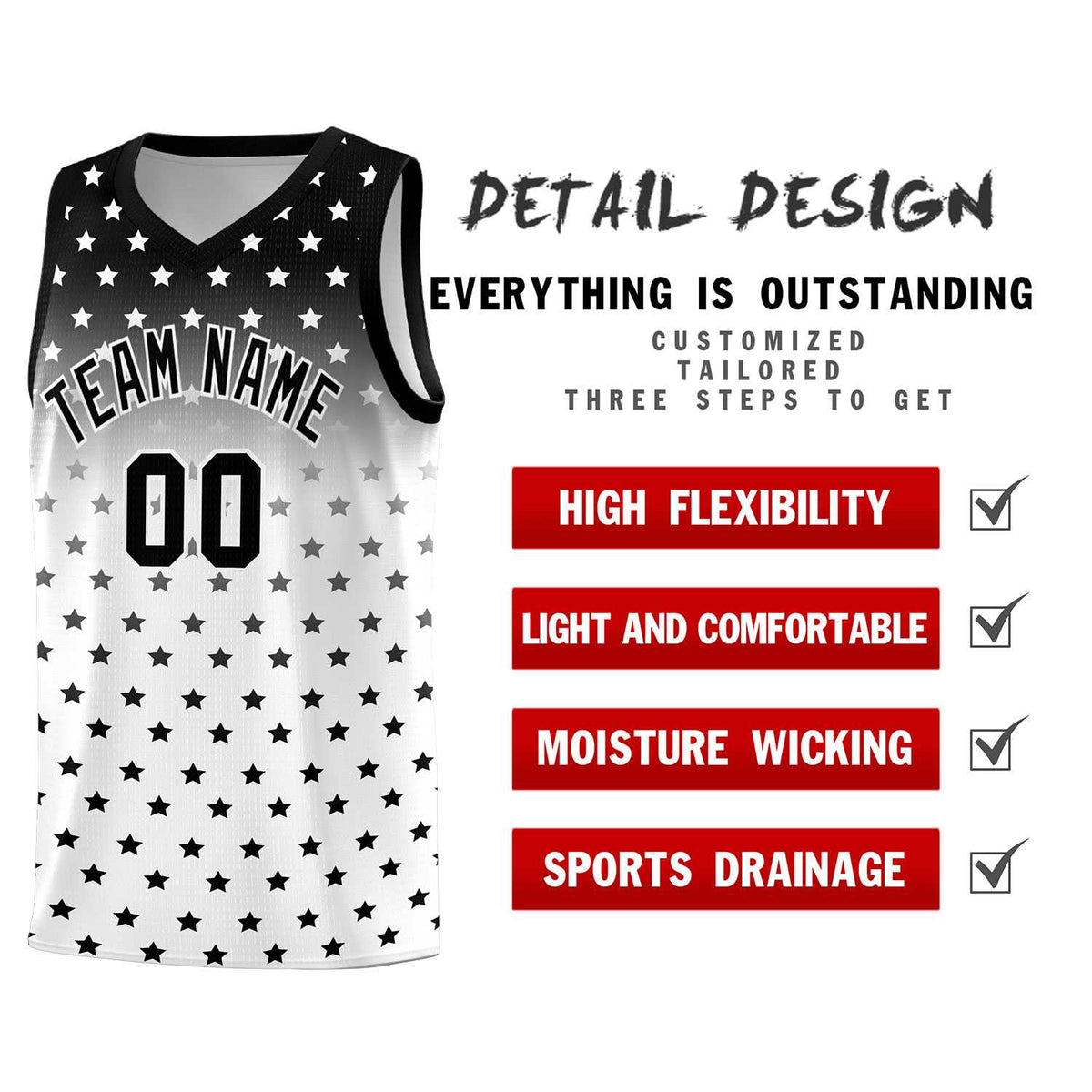 Custom Black White Gradient Start Pattern Basketball Jersey Kits|KXKSHOP