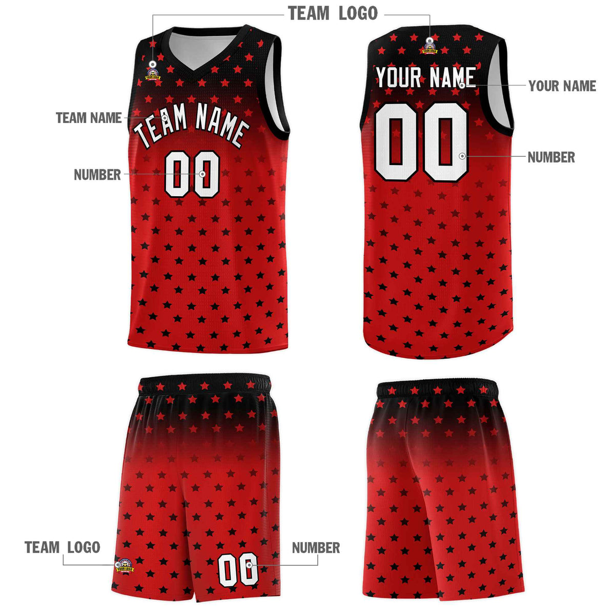 Custom Black Red Gradient Start Pattern Basketball Jersey Kits|KXKSHOP