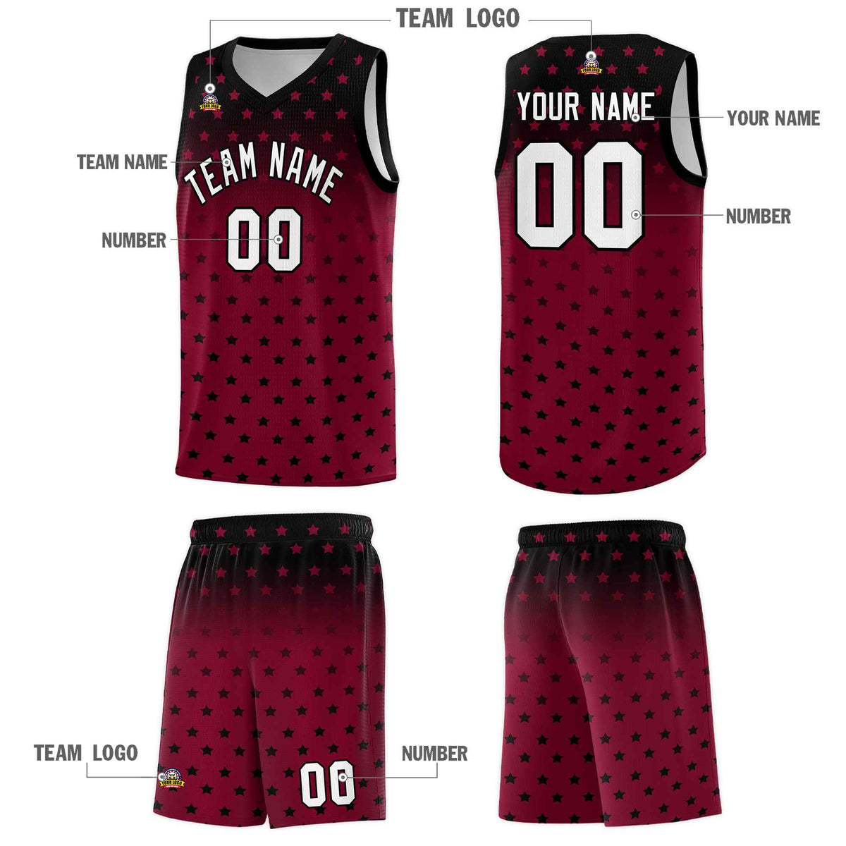 Custom Black Crimson Gradient Start Pattern Basketball Jersey Kits|KXKSHOP
