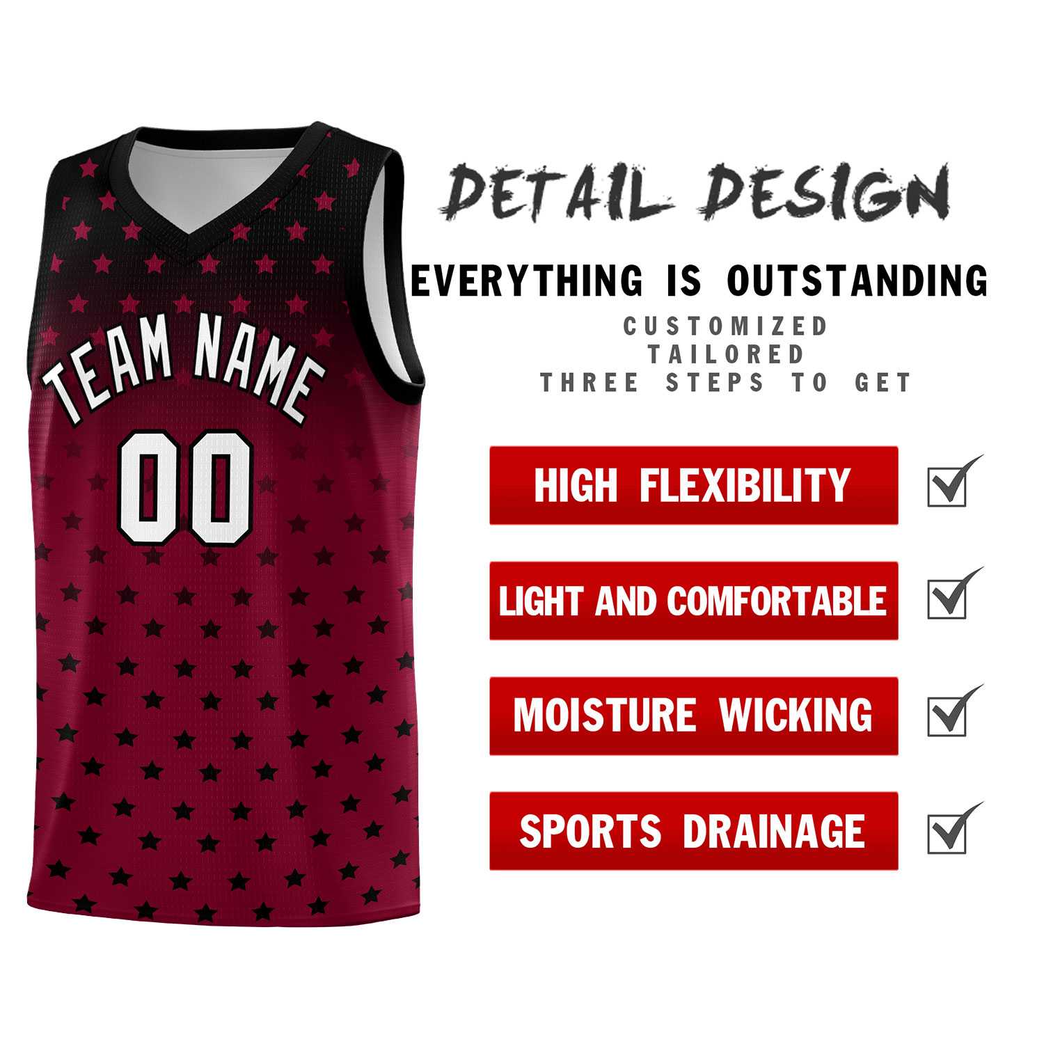 Custom Black Crimson Gradient Start Pattern Basketball Jersey Kits|KXKSHOP
