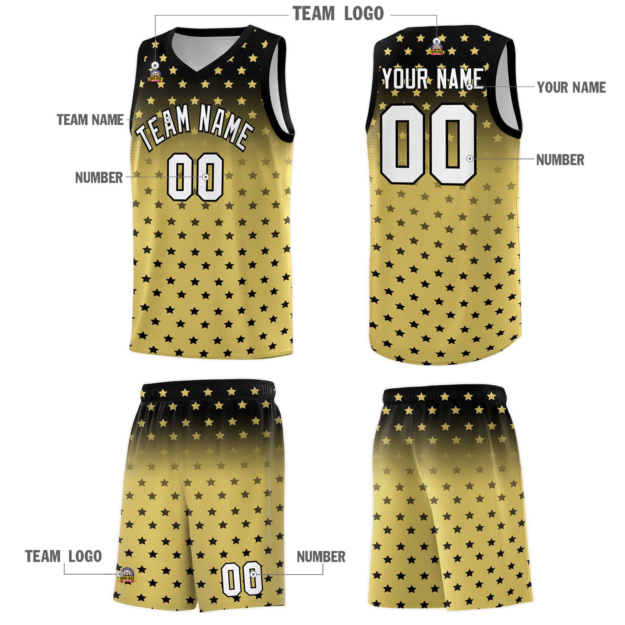 Custom Black Old Gold Gradient Start Pattern Basketball Jersey Kits|KXKSHOP