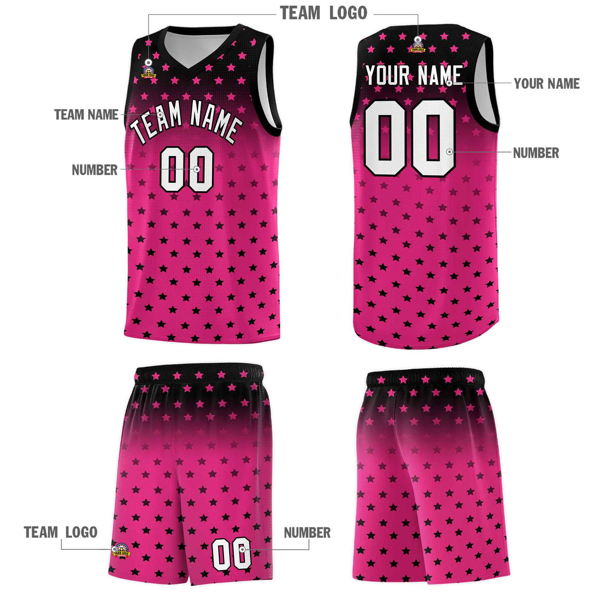 Custom Black Pink Gradient Start Pattern Basketball Jersey Kits|KXKSHOP