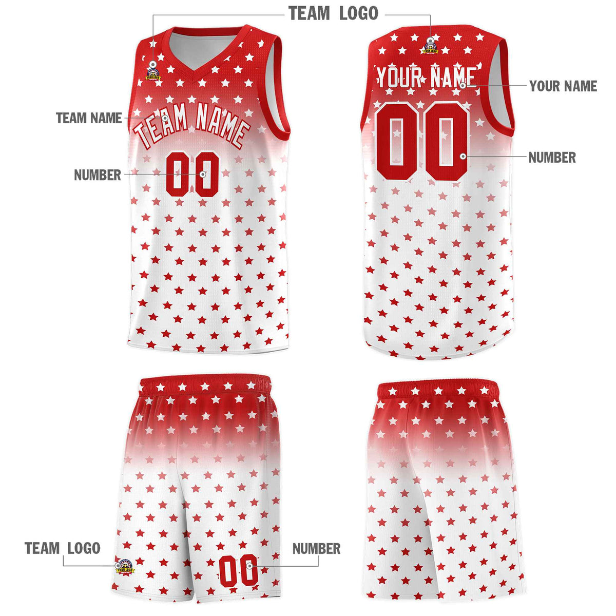 Custom Red White Gradient Start Pattern Basketball Jersey Kits|KXKSHOP