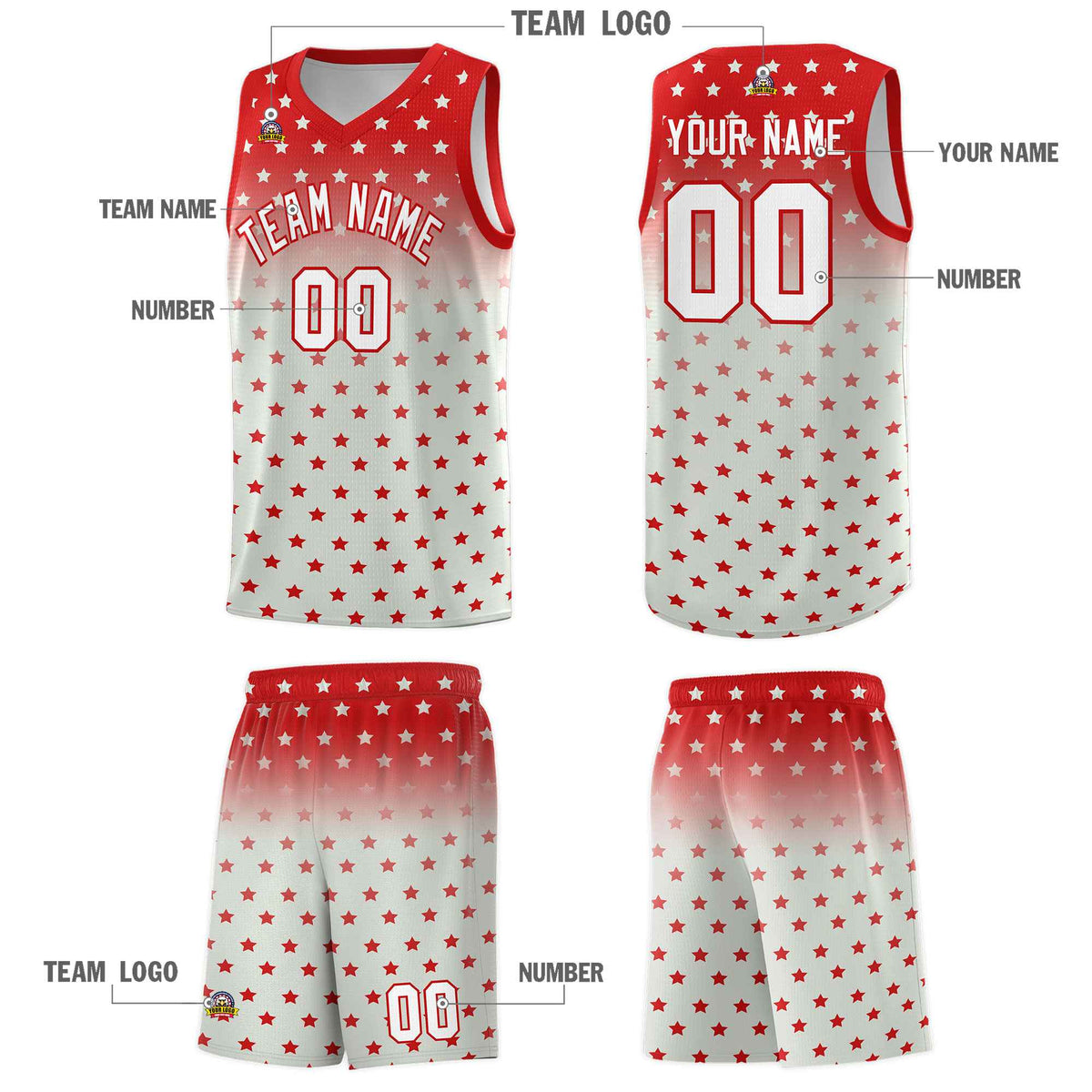 Custom Red Gray Gradient Start Pattern Basketball Jersey Kits|KXKSHOP