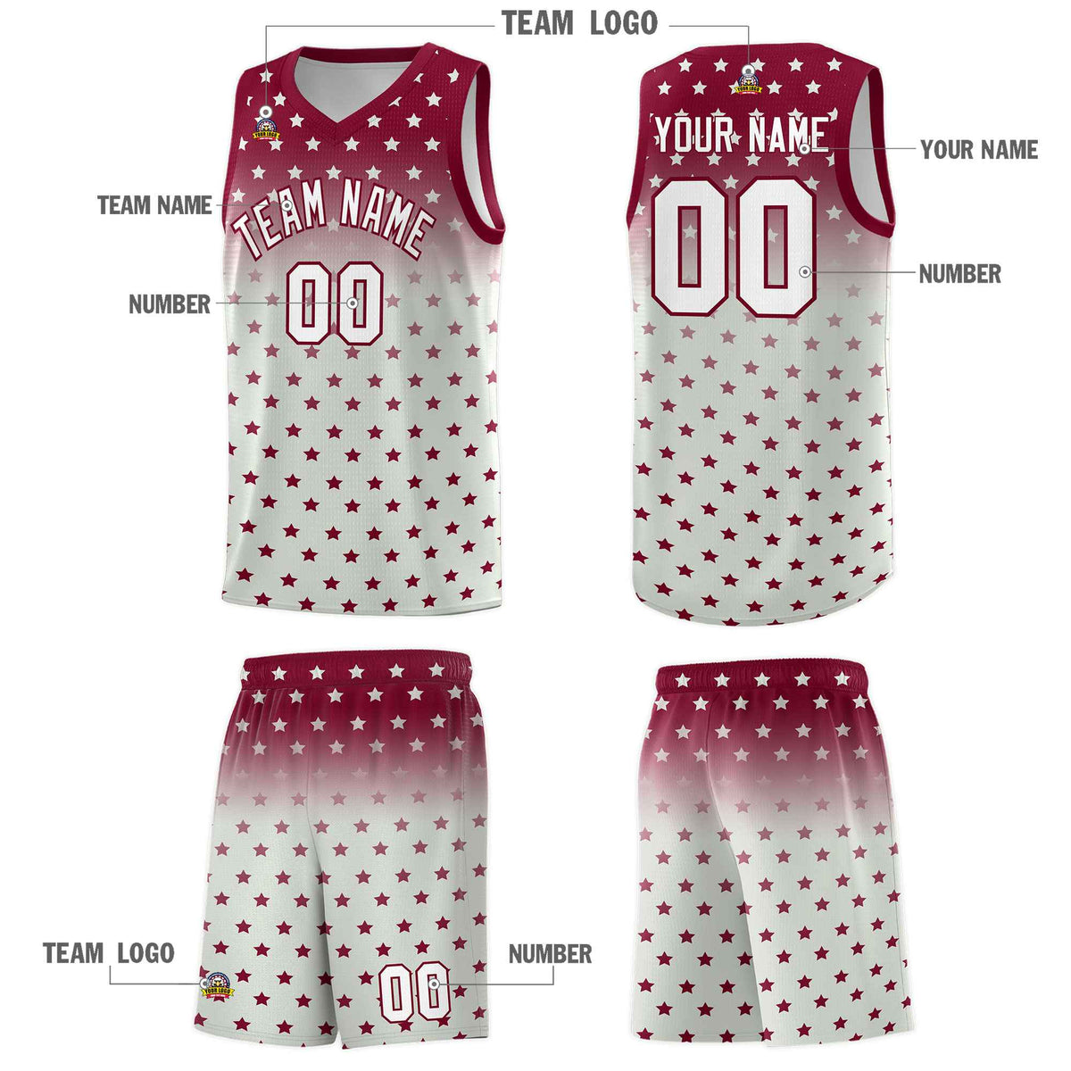 Custom Crimson Gray Gradient Start Pattern Basketball Jersey Kits|KXKSHOP