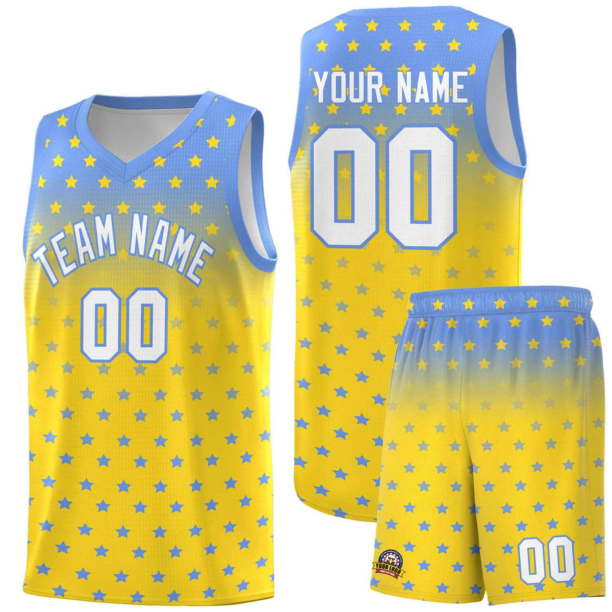 Custom Light Blue Gold Gradient Start Pattern Basketball Jersey Kits|KXKSHOP