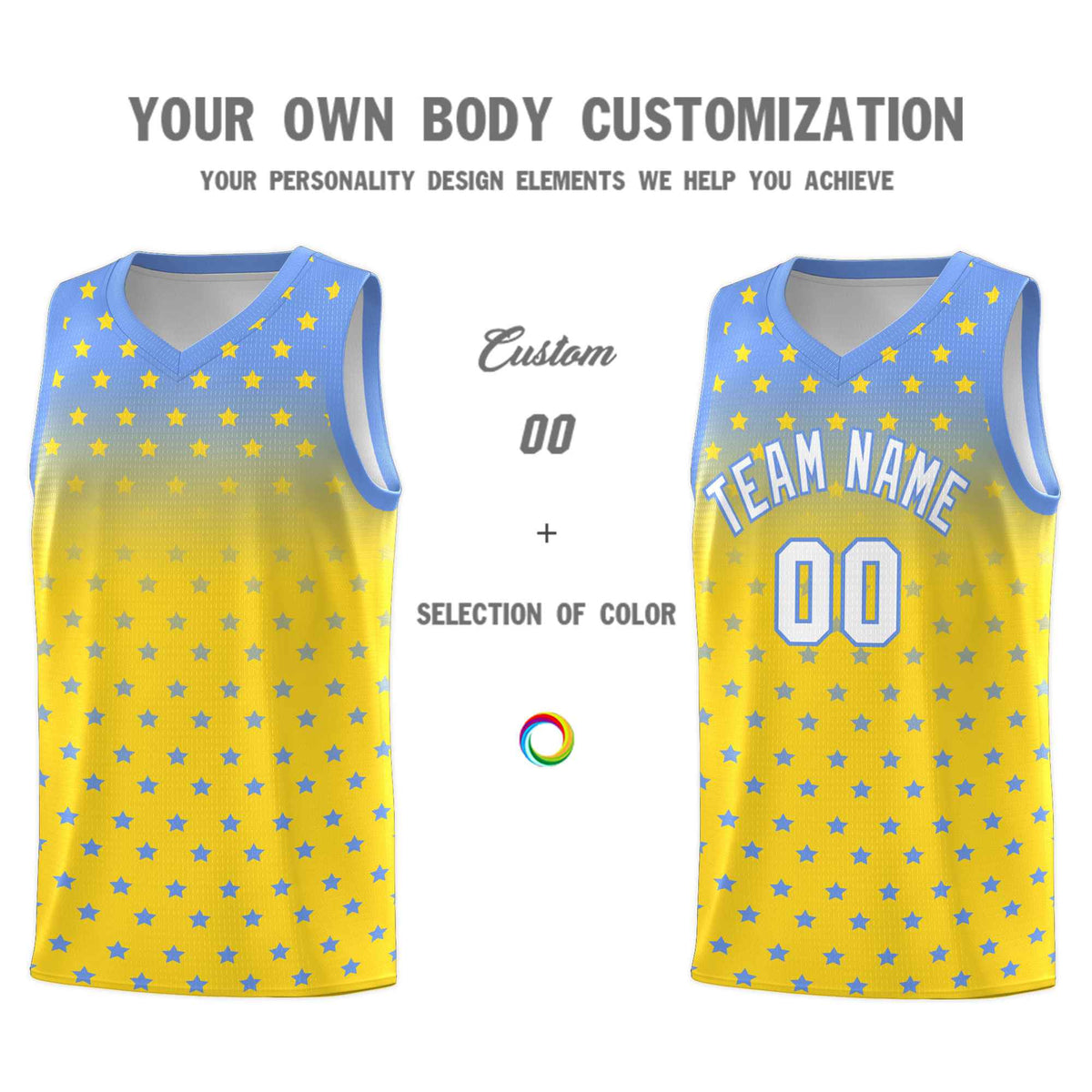 Custom Light Blue Gold Gradient Start Pattern Basketball Jersey Kits|KXKSHOP